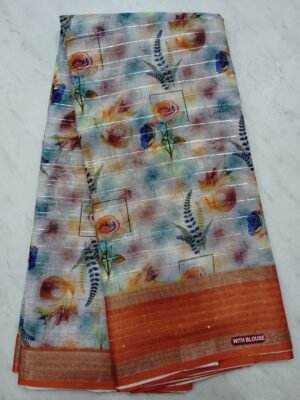 Linen cotton saree with silver Jerry stripes