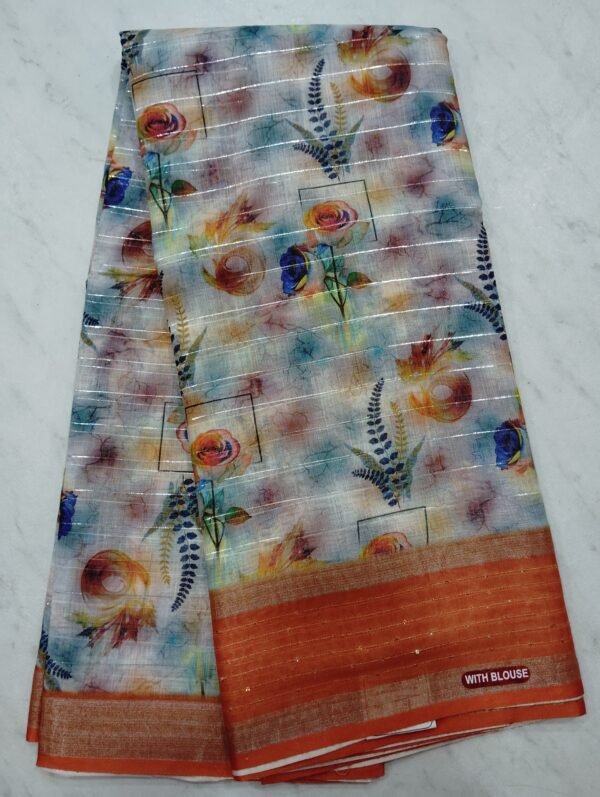 Linen cotton saree with silver Jerry stripes