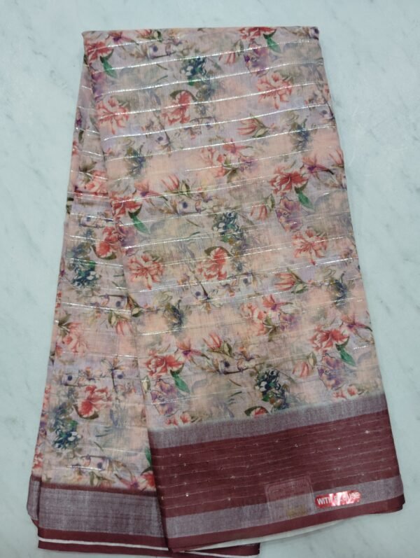 Linen cotton saree with silver Jerry stripes